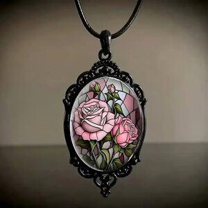 Black PINK ROSES Pendant Necklace